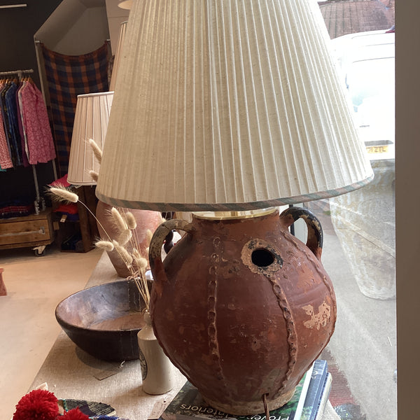 DT-08 - French antique oil vessel lamp and handwoven shade and diagnol stripe linen trim