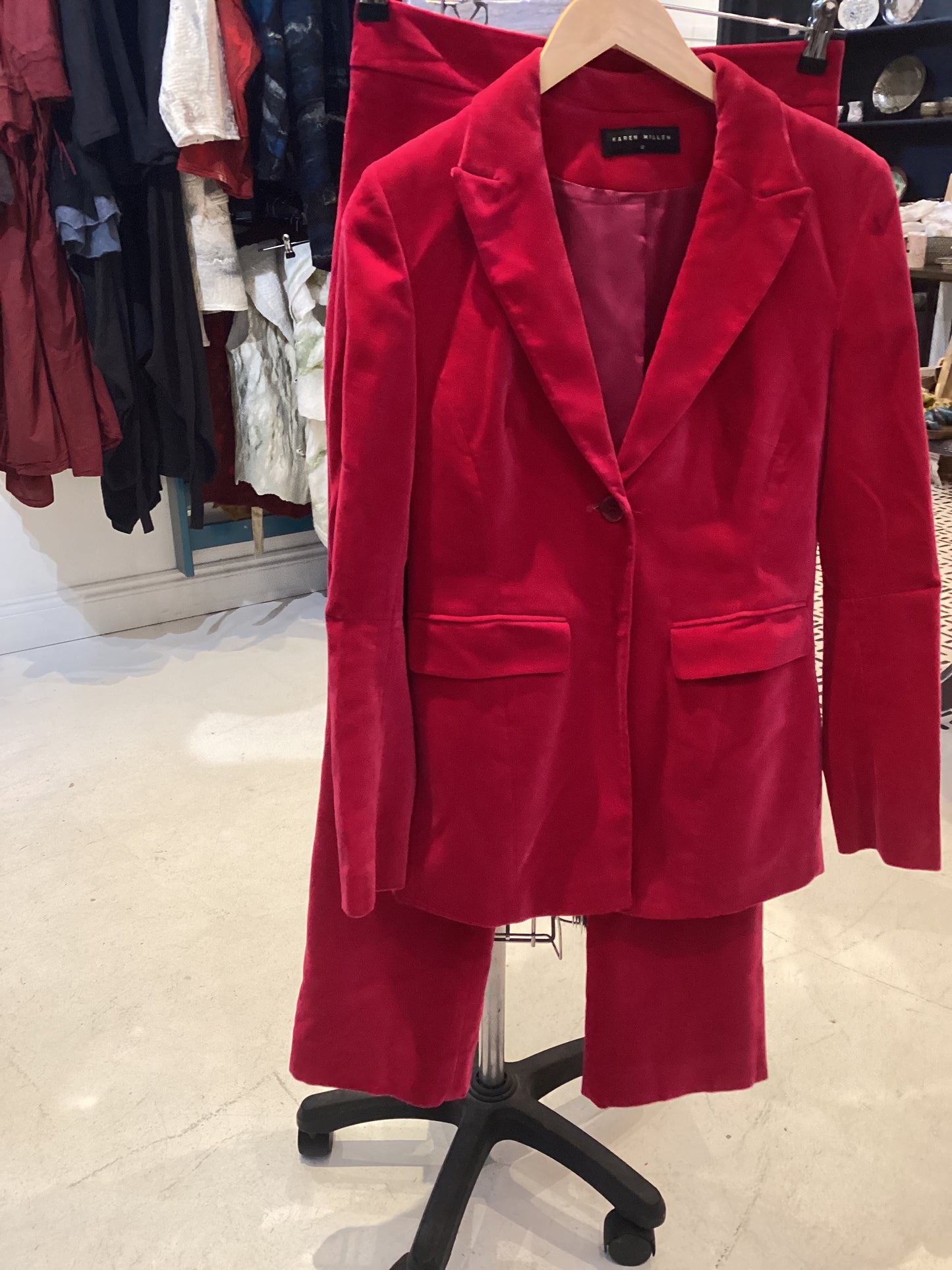 HV 38 Raspberry red velvet trouser suit from the ‘naughties’ jacket and trousers size 12