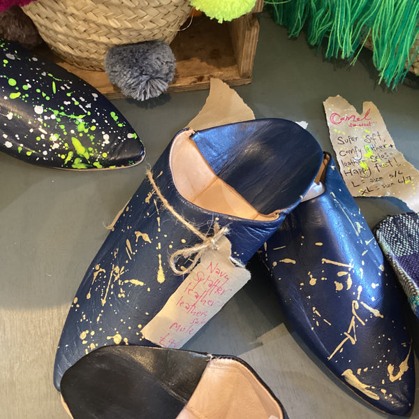 NVYS01 - Navy leather gold splatter mule
