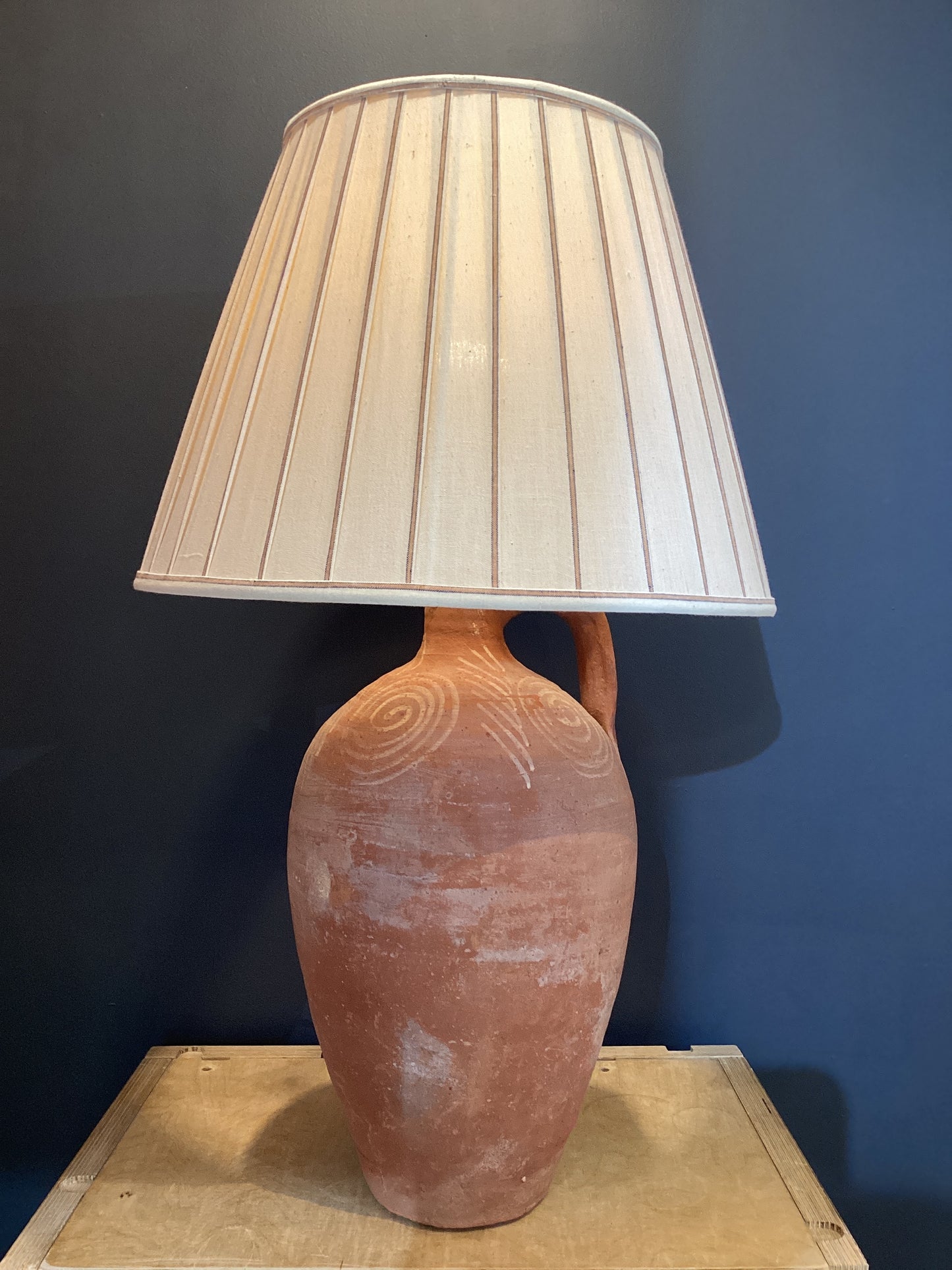 DT-09 - Antique Turkish olive oil jar with handwoven shade in Twig blue stripe