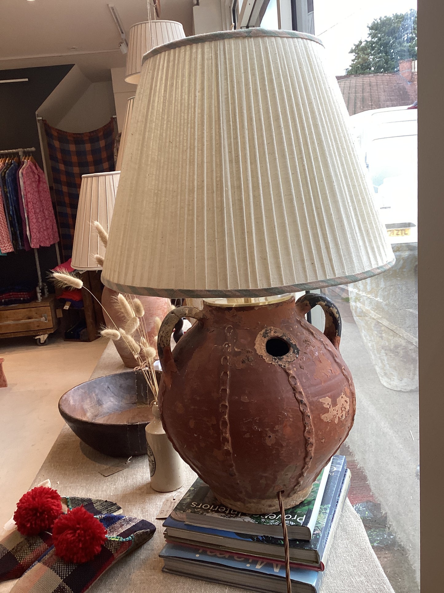 DT-08 - French antique oil vessel lamp and handwoven shade and diagnol stripe linen trim