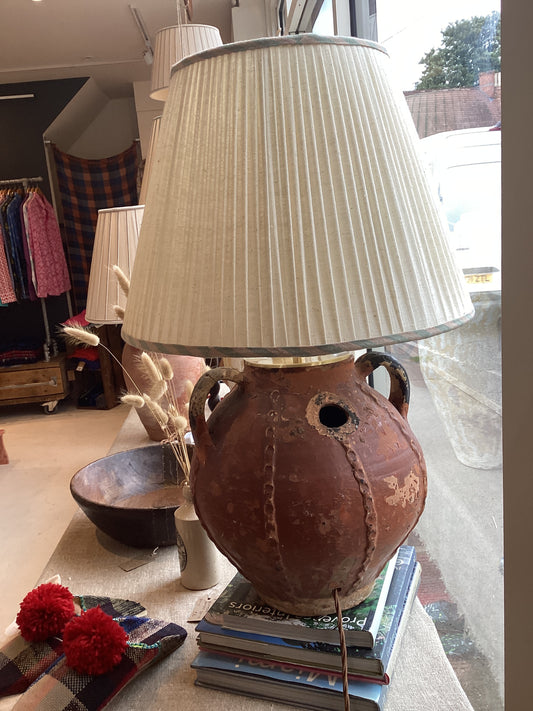 DT-08 - French antique oil vessel lamp and handwoven shade and diagnol stripe linen trim