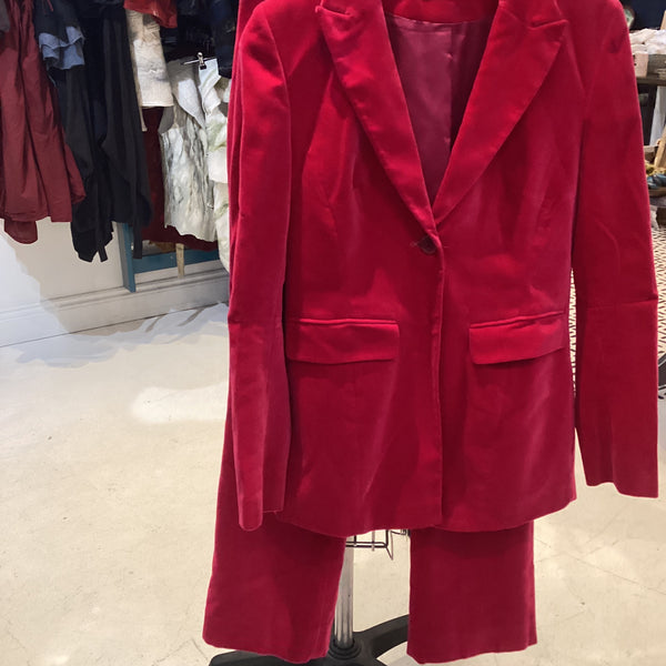 HV 38 Raspberry red velvet trouser suit from the ‘naughties’ jacket and trousers size 12
