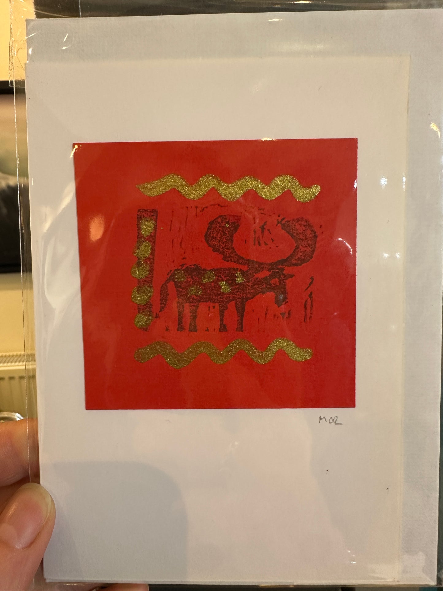 HM MOOSE 2- Handpainted original Lino cut card