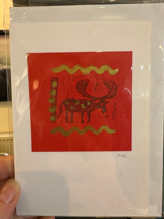 HM MOOSE 2- Handpainted original Lino cut card