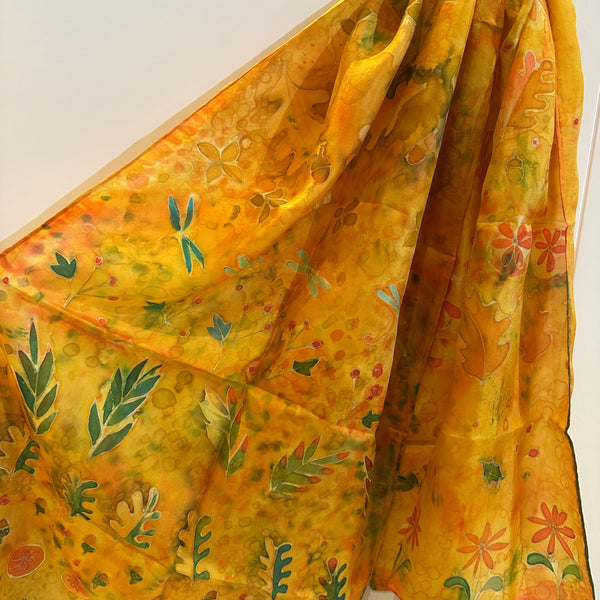 ALY - Hand painted autumn leaves silk scarf