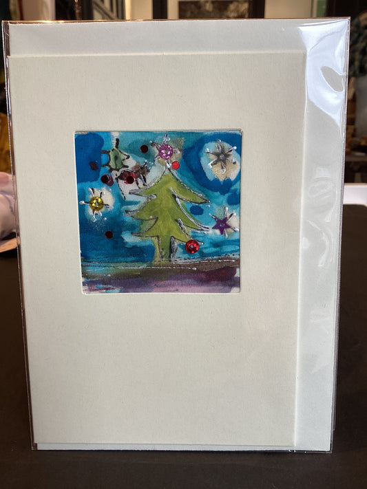 Tree Silk 1 Mo Stars - Hand Painted Silk Christmas Tree Card