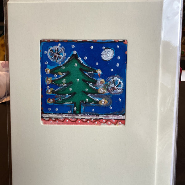 Tree Silk 2 Mo Moon - Hand Painted Silk Christmas Tree Card