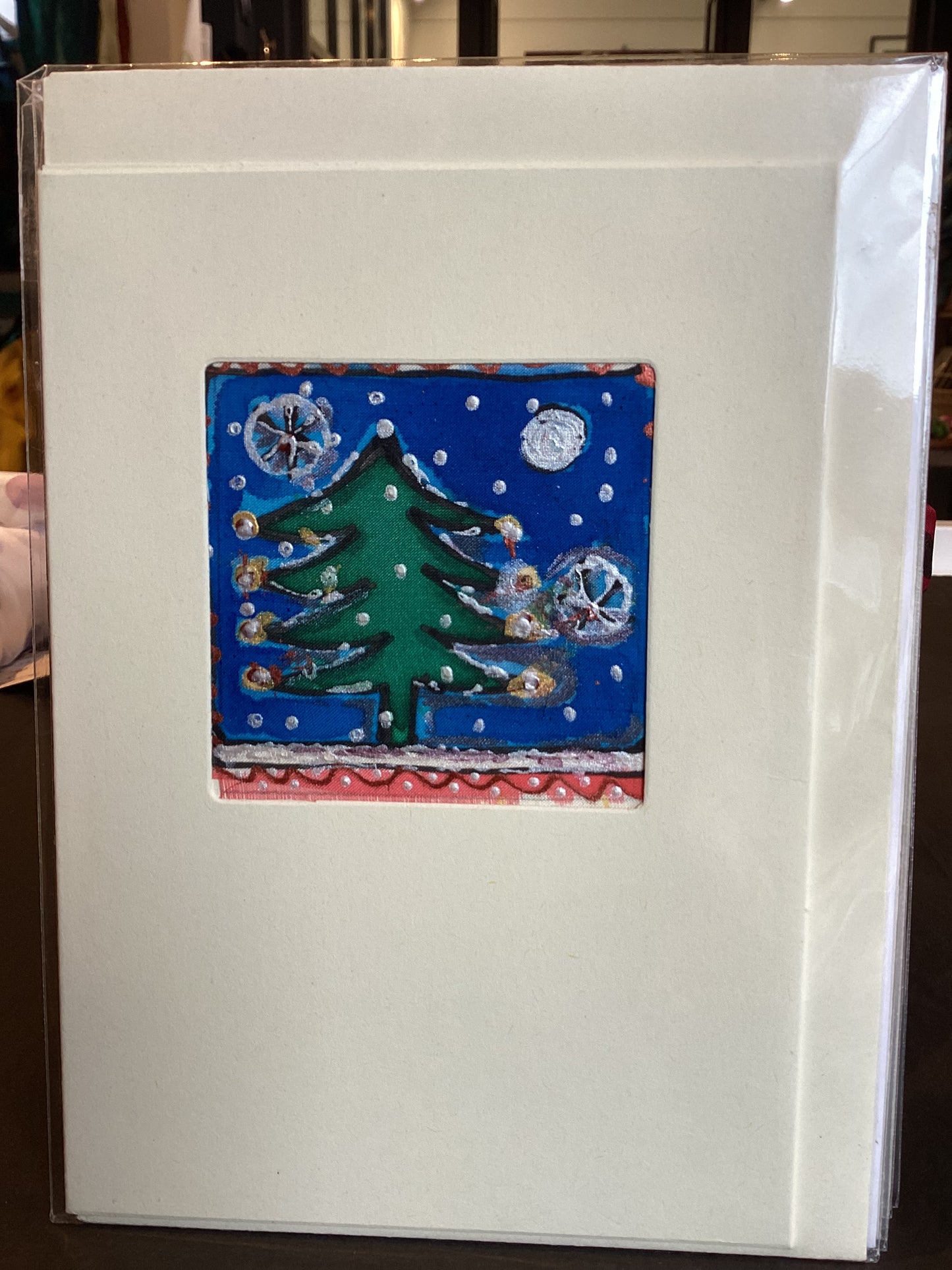 Tree Silk 2 Mo Moon - Hand Painted Silk Christmas Tree Card